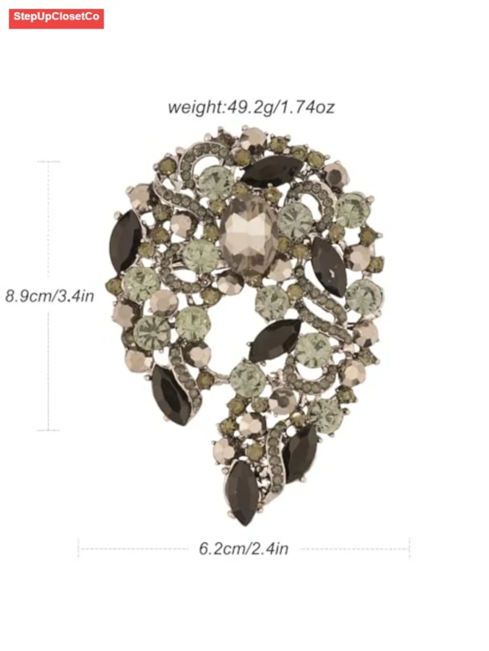 Green Rhinestone Leaf Brooch Pin Gold Tone Statement Scarf Dress Accessory